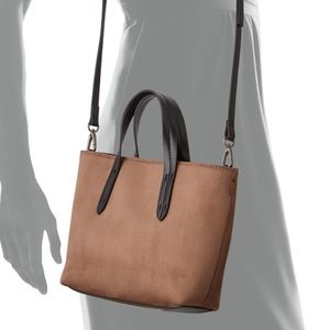 Neiman Marcus Mini Faux Suede Taupe Crossbody Tote Bag